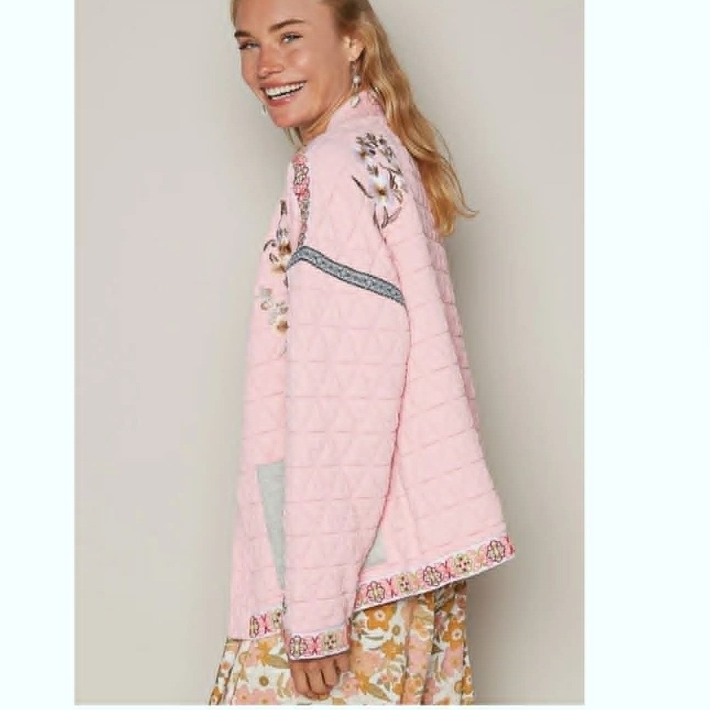POL Large Quilted Granny Floral Embroidered Open Front Cardigan Boho Pockets - Picture 4 of 14